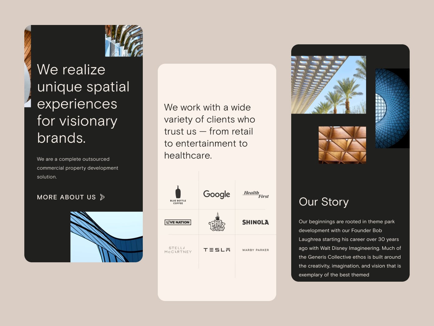 Mobile screens of Generis Collective's new website design