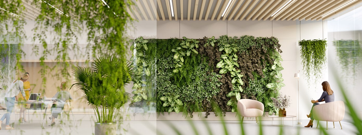 Interior view of a commercial space featuring modern architecture and lush greenery