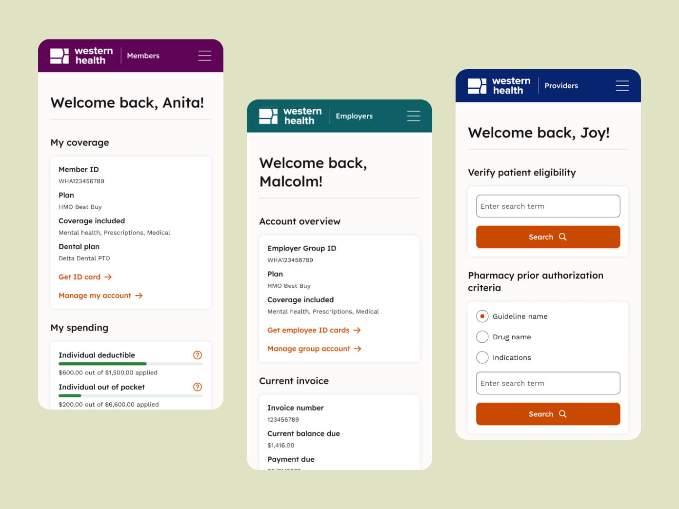 Mobile screens of Western Health's new website design
